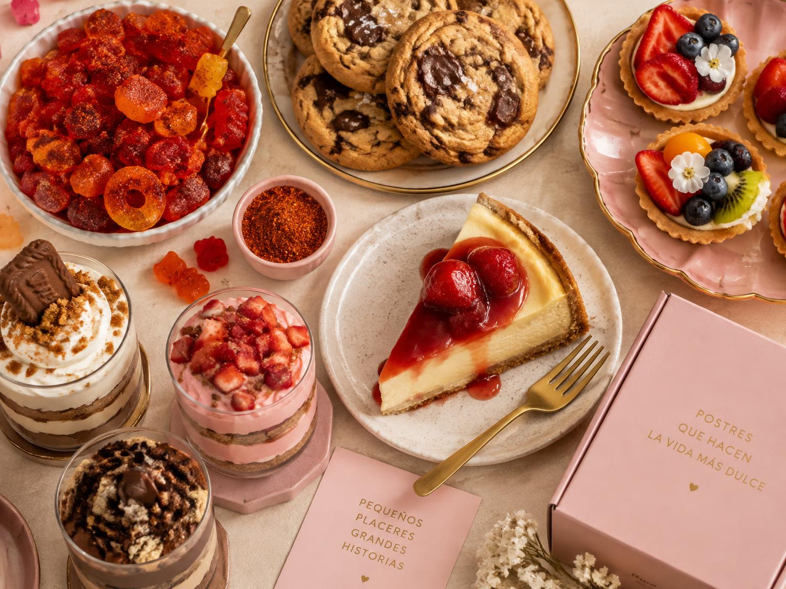Gomitas enchiladas, galletas New York, tartaletas, cheesecake y postres en vaso